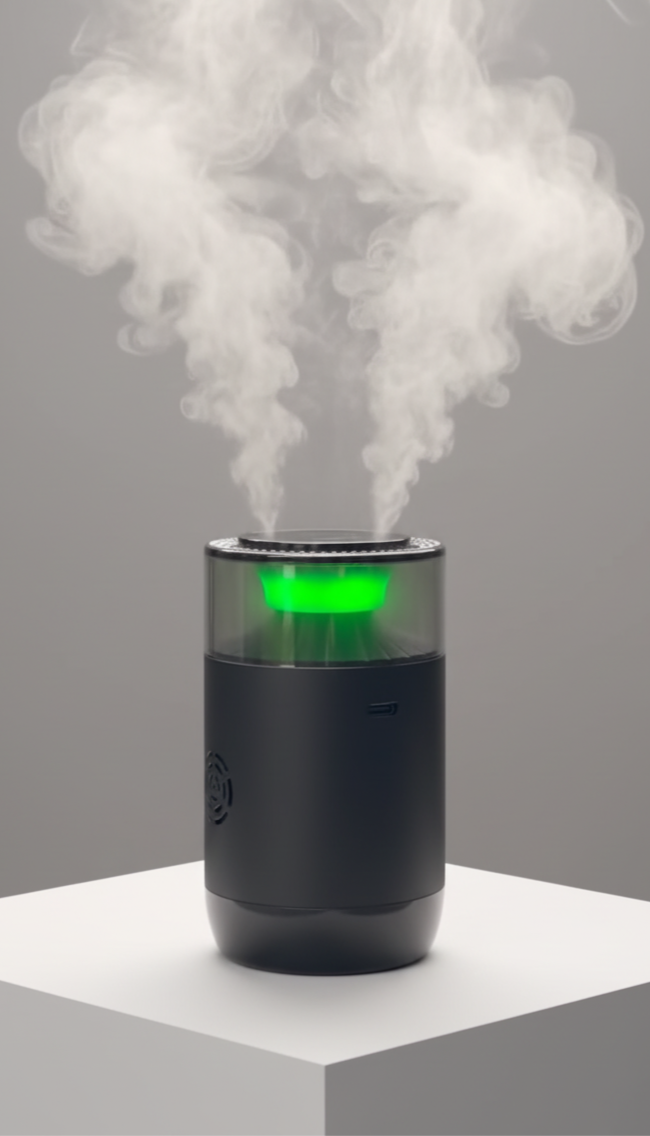 Black humidifier emitting steam on a gray background