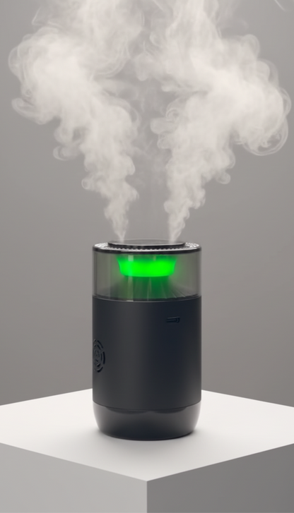 Black humidifier emitting steam on a gray background