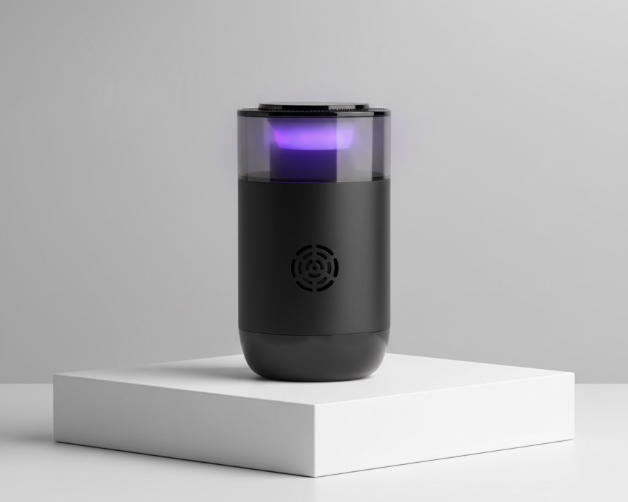 Black cylindrical device with purple light on a white platform against a gray background
