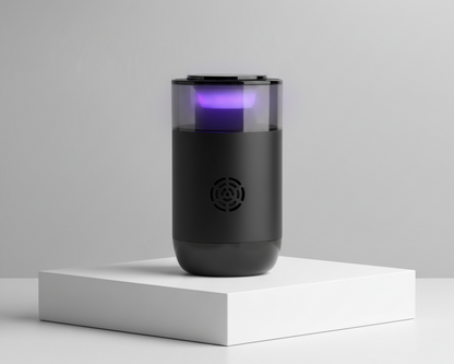 Black cylindrical device with purple light on a white platform against a gray background